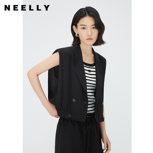 NEELLY纳俪商场同款V领双排扣马甲女夏季黑色洋气时髦高腰短外套N24051D01141 商品图2