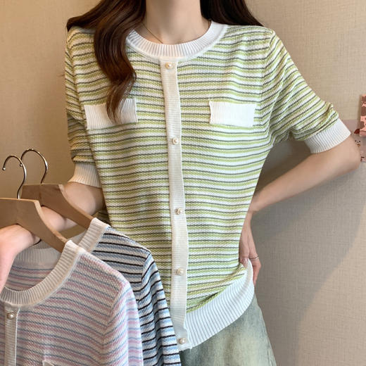 MZ-16416夏季新款小香风撞色条纹针织衫女韩版圆领薄款休闲短袖上衣 商品图0