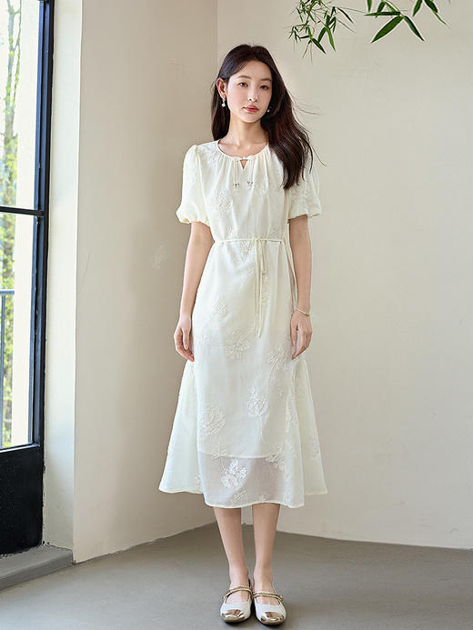 【专属特价】熙世界雾感醋酸新中式连衣裙2025新款泡泡袖绣花仙女裙国风裙子 商品图2