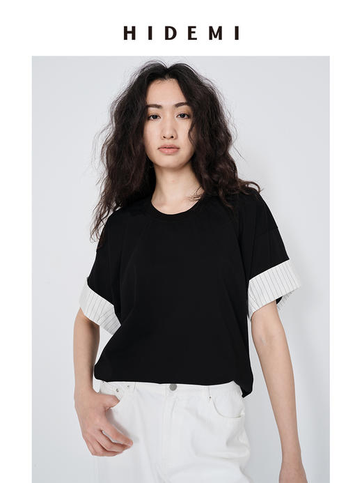 HIDEMI 极简条纹卷边拼接设计感龟背廓形针织棉短袖 黑色/卡其米 商品图2