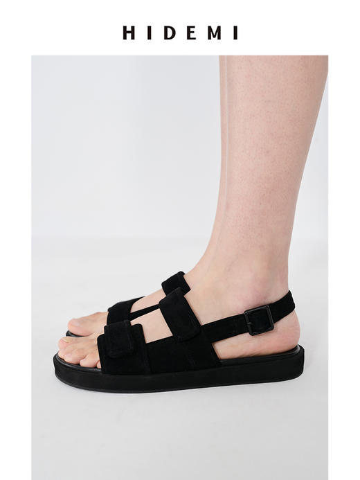 HIDEMI 魔术贴宽带设计感厚底凉鞋 军绿色帆布拼皮/黑色麂皮 商品图5