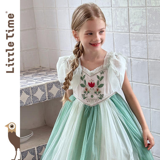 littletime女童法式田园绣花短袖2024春夏公主小女孩连衣裙 商品图0