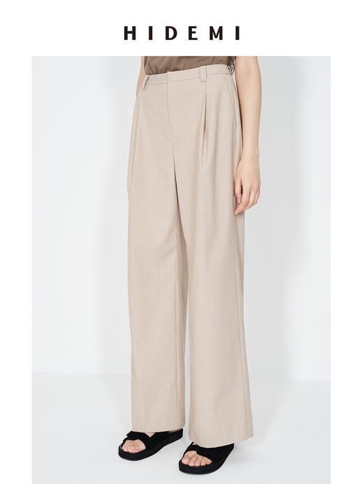 HIDEMI 【董生活同款】极简细条纹压褶设计感宽松阔腿中低腰西裤长裤 藏蓝色/燕麦色 商品图8