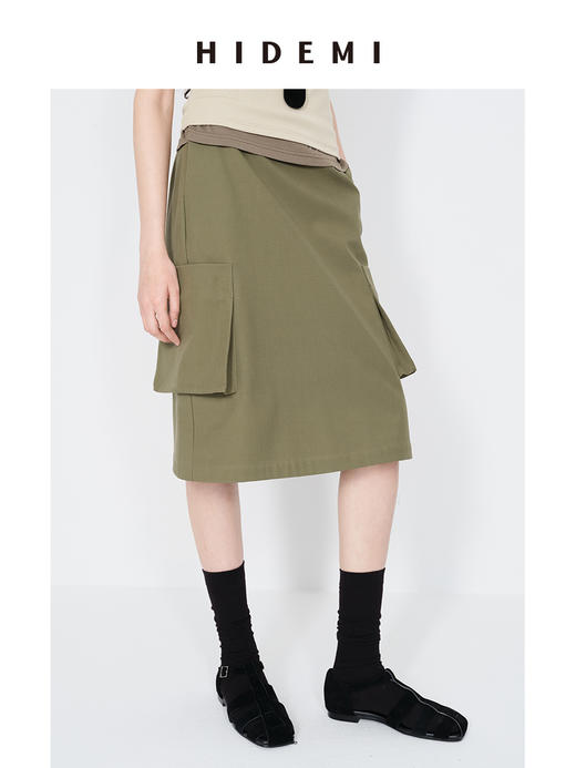 HIDEMI 小男孩系列极简口袋工装感中短款半身裙 白色/藏蓝色/军绿色 商品图3