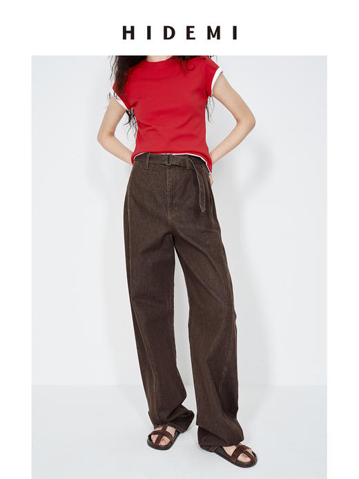 HIDEMI 极简高腰腰带式水洗做旧彩色口袋羊腿型茧型牛仔裤 商品图8