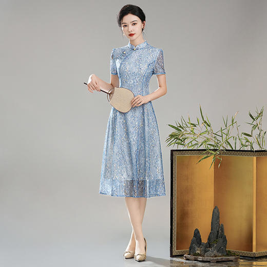 XGTQ24025清蓝2024夏装新款改良新中式国风女装日常修身旗袍连衣裙 商品图2