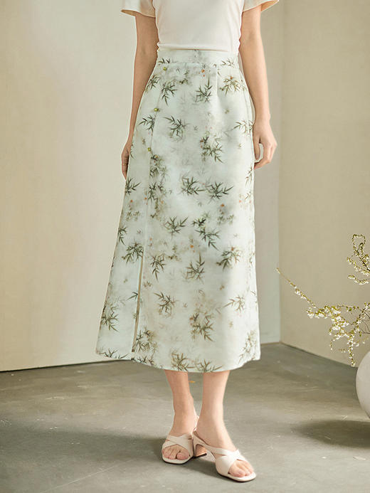 【专属特价】熙世界中式国风穿搭一整套女装竹叶印花欧根纱小衫半身裙两件套 商品图1