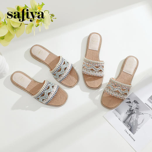 Safiya/索菲娅2024夏季闲适假日民族风珍珠水钻外穿平底凉拖 SF42110357 商品图3