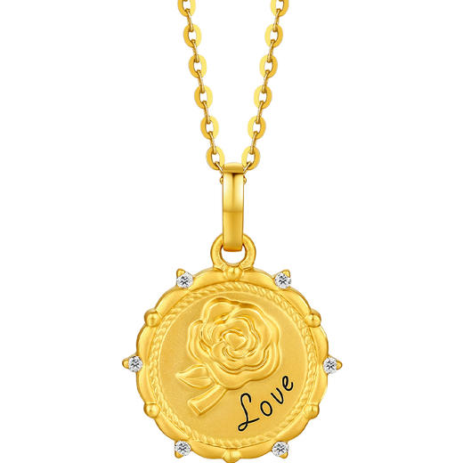 周六福黄金吊坠女天然钻石真钻玫瑰花牌圆形镶嵌5G足金颈饰旗舰店 商品图5