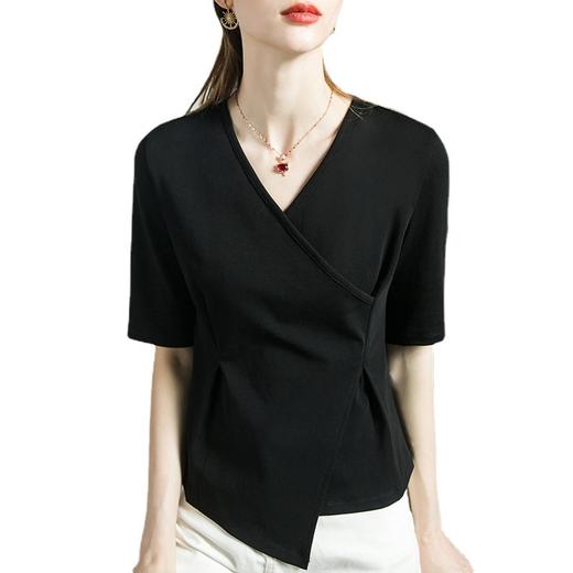 V领不规则上衣女夏季2024新款设计感别致收腰显瘦黑色半袖t恤   JW-J384-3 商品图4