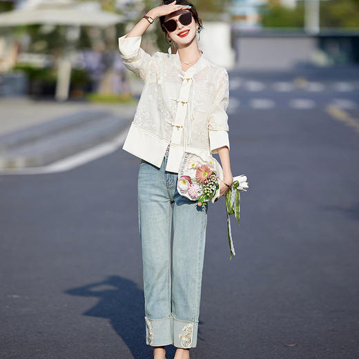 新中式国风薄款外套，小香风短款时尚白色刺绣防晒衣HR-BX2520 商品图2