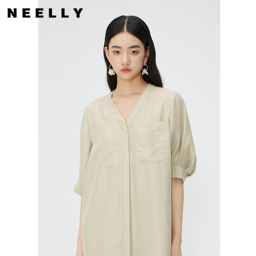 NEELLY纳俪商场同款桑蚕丝泡泡袖连衣裙女夏季气质V领中长直筒裙 商品图1