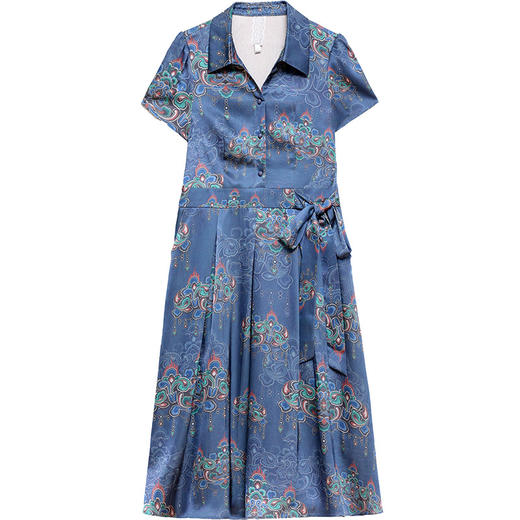 QYM-1722436蓝色印花连衣裙夏季新款短袖裙时尚气质女装中长款A字裙 商品图3