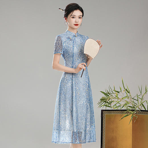 XGTQ24025清蓝2024夏装新款改良新中式国风女装日常修身旗袍连衣裙 商品图0