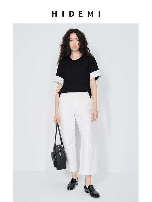 HIDEMI 极简条纹卷边拼接设计感龟背廓形针织棉短袖 黑色/卡其米 商品图3