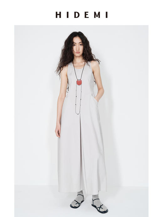 HIDEMI 极简设计感圆领压褶水洗棉口袋茧型廓形连衣裙 海鸥灰/黑色 商品图8