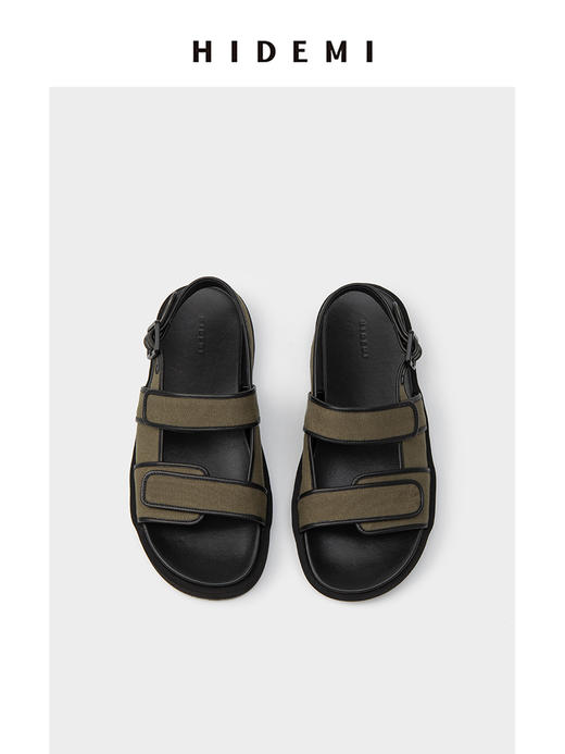 HIDEMI 魔术贴宽带设计感厚底凉鞋 军绿色帆布拼皮/黑色麂皮 商品图0