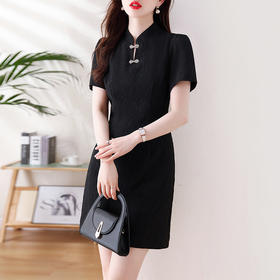 AHM-9759新中式国风黑色旗袍裙夏季新款复古立领盘扣修身显瘦连衣裙