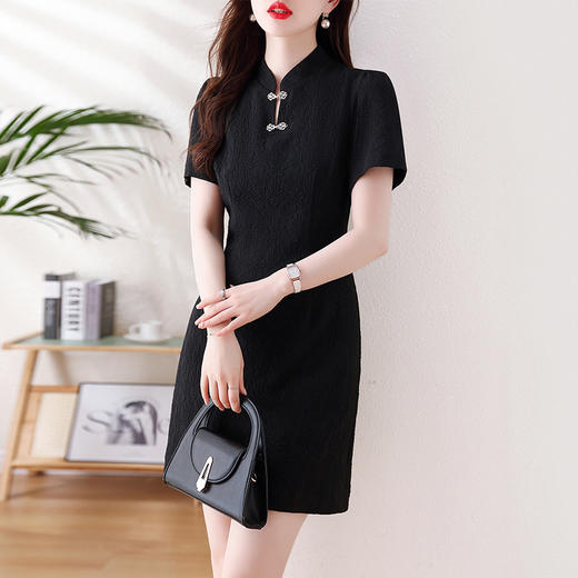 AHM-9759新中式国风黑色旗袍裙夏季新款复古立领盘扣修身显瘦连衣裙 商品图0