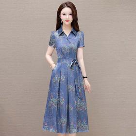 QYM-1722436蓝色印花连衣裙夏季新款短袖裙时尚气质女装中长款A字裙