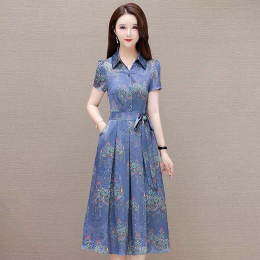 QYM-1722436蓝色印花连衣裙夏季新款短袖裙时尚气质女装中长款A字裙 商品图0