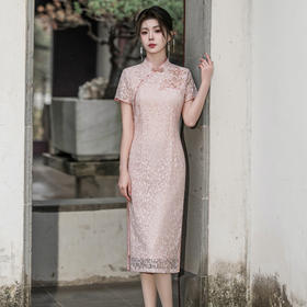 春夏新款高端蕾丝旗袍年轻款粉色淑女气质双层JLM3228