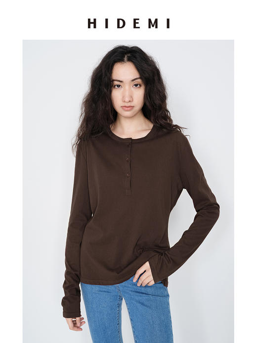 HIDEMI 【当当同款】圆领纽扣极简春夏松弛感亨利领自然棉长袖外穿宽松t恤女 商品图7