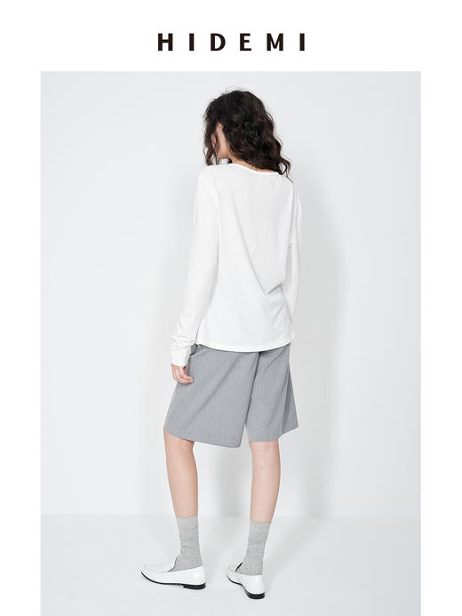 HIDEMI 【当当同款】圆领纽扣极简春夏松弛感亨利领自然棉长袖外穿宽松t恤女 商品图2