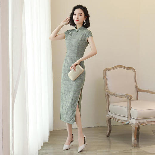 天丝弹力麻格子，改良复古清新旗袍JLM-2678 商品图1