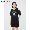 NEELLY纳俪商场同款黑色圆领露肩连衣裙女夏季纯棉印花休闲直筒裙N24051Y01145 商品缩略图1