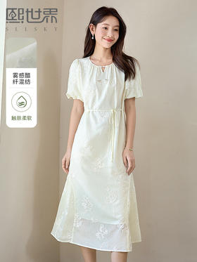 【专属特价】熙世界雾感醋酸新中式连衣裙2025新款泡泡袖绣花仙女裙国风裙子