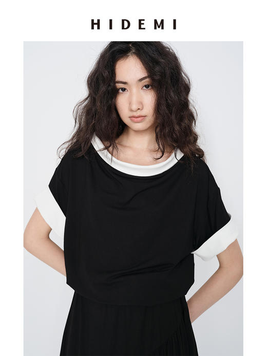 HIDEMI 黑白拼接撞色极简设计感云朵柔软针织短袖半裙套装 上衣/半裙 商品图3