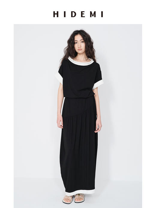 HIDEMI 黑白拼接撞色极简设计感云朵柔软针织短袖半裙套装 上衣/半裙 商品图0