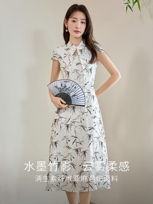 【专属特价】熙世界新中式水墨印花连衣裙2025夏装新款立领国风长裙雪纺裙子 商品图1