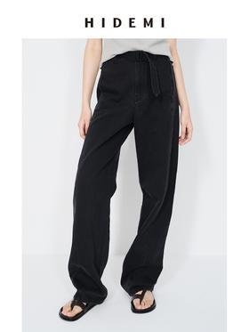 HIDEMI 极简高腰腰带式水洗做旧彩色口袋羊腿型茧型牛仔裤