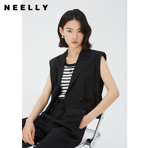 NEELLY纳俪商场同款V领双排扣马甲女夏季黑色洋气时髦高腰短外套N24051D01141 商品图1