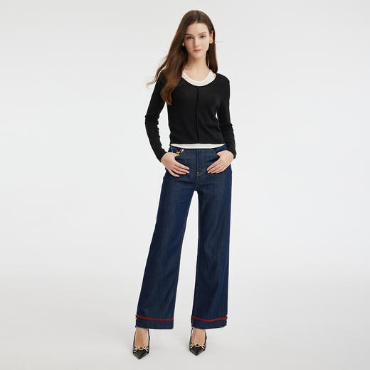 PE636斯尔丽2024新款撞色假两件轻薄显瘦时尚百搭针织上衣 商品图3