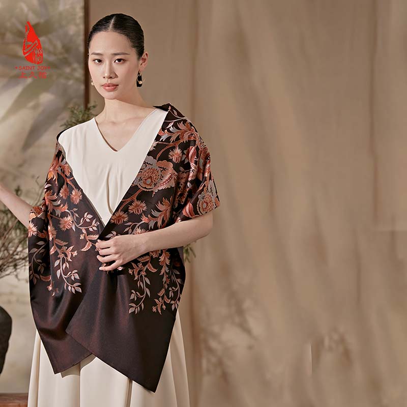 SAINTJOY/上久楷 宋锦围巾杜乐丽之花·深紫兰 深橘色 SCS20003