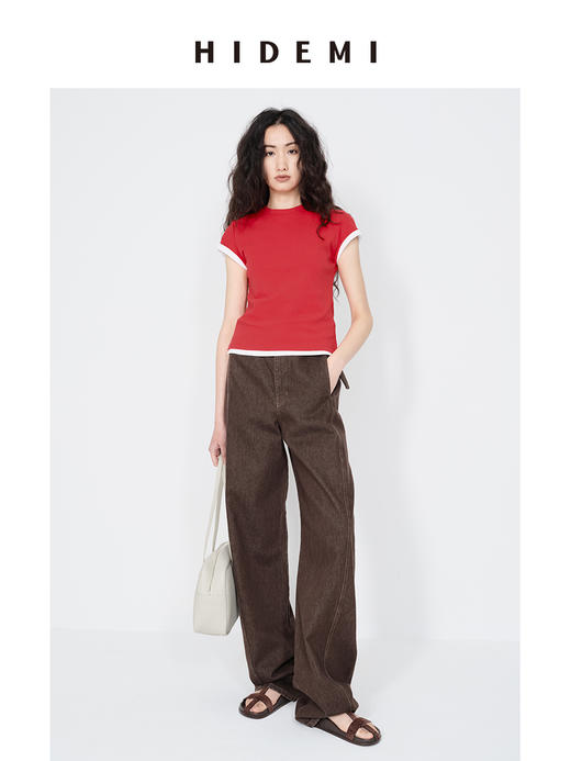 HIDEMI 极简高腰腰带式水洗做旧彩色口袋羊腿型茧型牛仔裤 商品图5