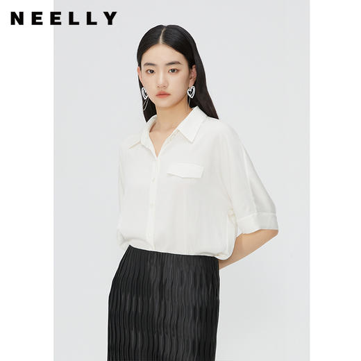 NEELLY纳俪商场同款桑蚕丝百搭衬衫女夏白色简约通勤休闲短袖上衣N24045B01102 商品图2