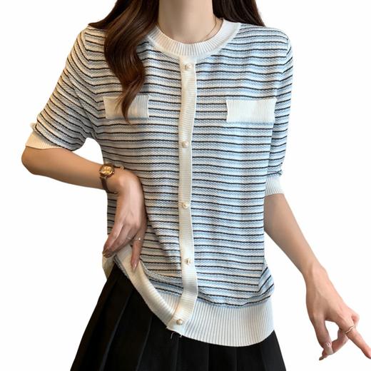 MZ-16416夏季新款小香风撞色条纹针织衫女韩版圆领薄款休闲短袖上衣 商品图4