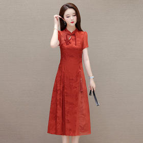 QYM-4165新中式印花优雅时尚连衣裙夏款中长款立领短袖国风气质A字裙