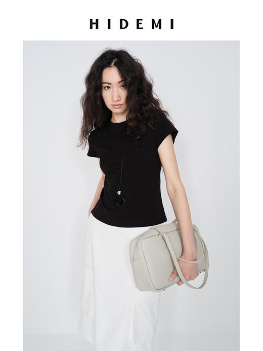 HIDEMI 【赵露思同款】圆领极简弹力自然棉短袖T恤 红色/黑色/碳灰/雾霾灰/白色 商品图11