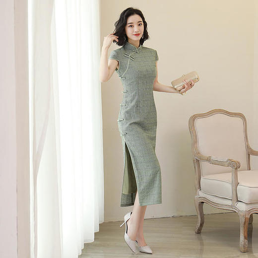 天丝弹力麻格子，改良复古清新旗袍JLM-2678 商品图2