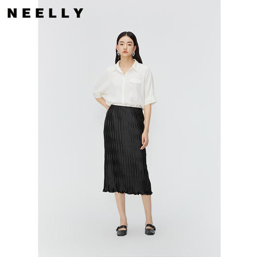 NEELLY纳俪商场同款桑蚕丝百搭衬衫女夏白色简约通勤休闲短袖上衣N24045B01102 商品图0