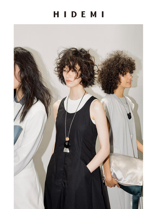 HIDEMI 极简设计感圆领压褶水洗棉口袋茧型廓形连衣裙 海鸥灰/黑色 商品图12