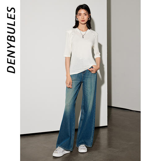 DENYBULES莫代尔天丝抽绳阔腿拖地裤蓝绿色牛仔裤复古 商品图0