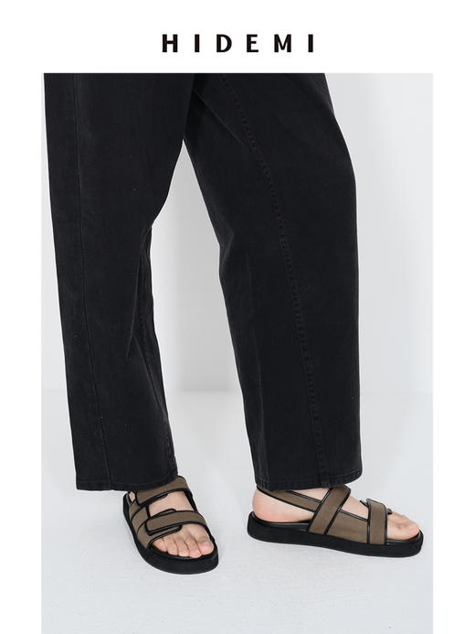 HIDEMI 魔术贴宽带设计感厚底凉鞋 军绿色帆布拼皮/黑色麂皮 商品图2