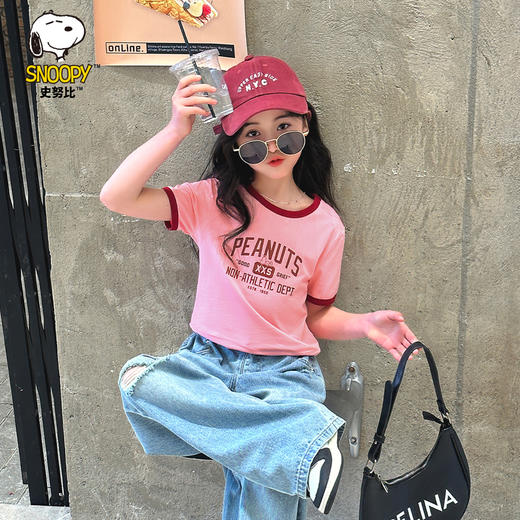 【130-165】【撞色收腰潮流t恤】【史努比】女童夏季撞色收腰潮流t恤（95%棉 5%氨纶） 商品图0