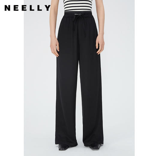 NEELLY纳俪商场同款黑色松紧腰系带休闲裤女夏季百搭拖地直筒裤N24051H01154 商品图2